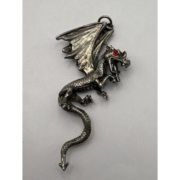 Silver Tone Large Dragon Pendant Charm Red Rhinestone Eye Mystical Fantasy - Picture 7 of 7